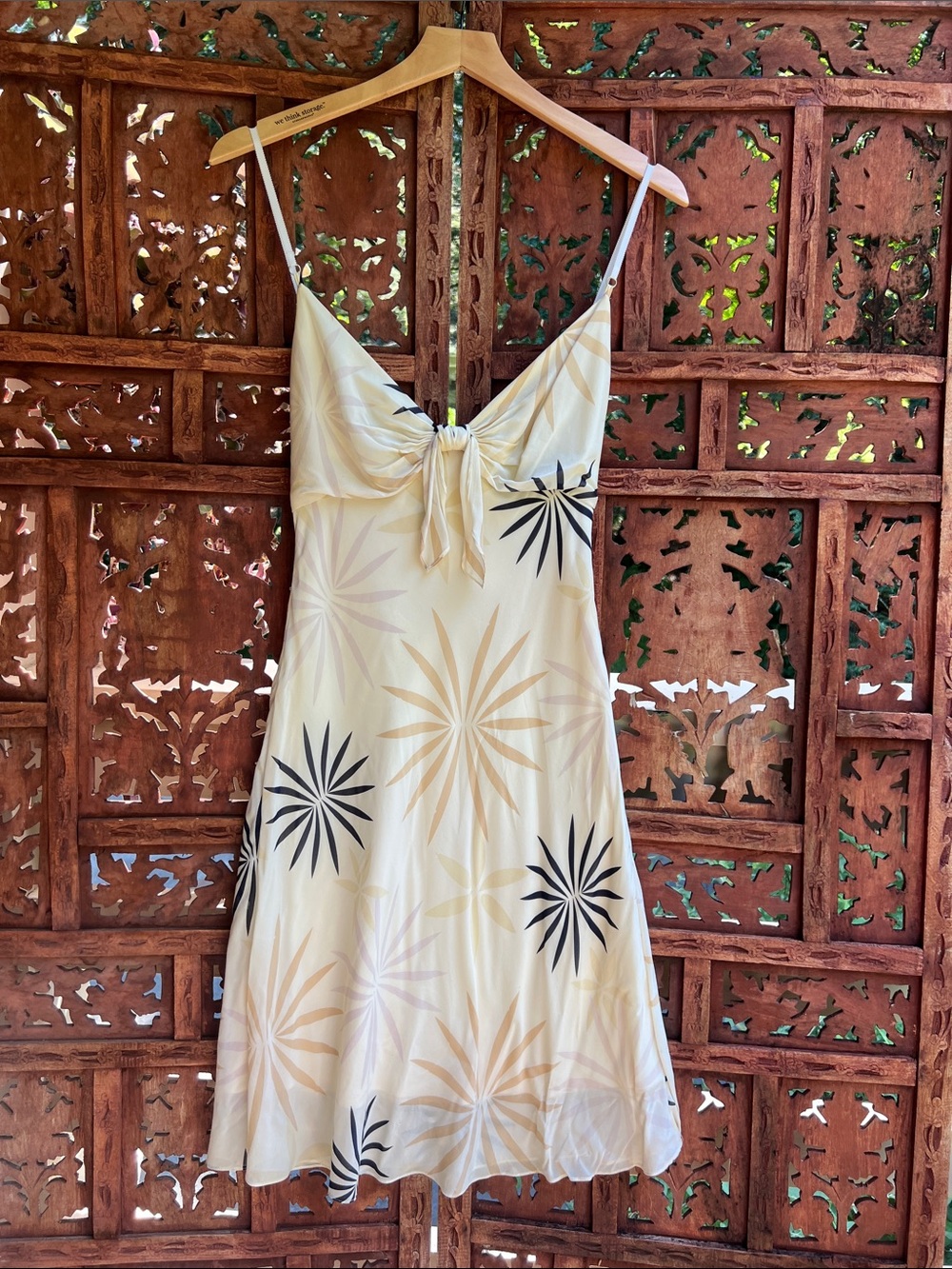Elie Tahari Cream Slip Silk Dress with Black Leaf Print and Tie Front